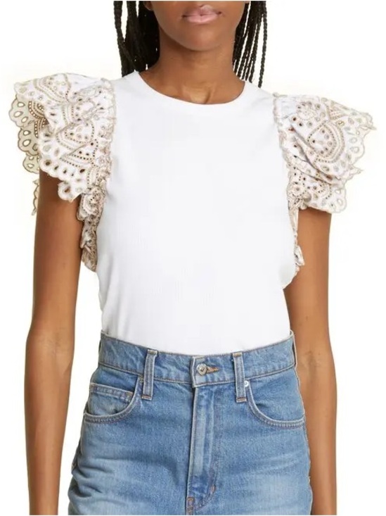 Veronica Beard Tops - Veronica Beard Julianka Eyelet Ruffle Sleeve Stretch Cotton top, size M